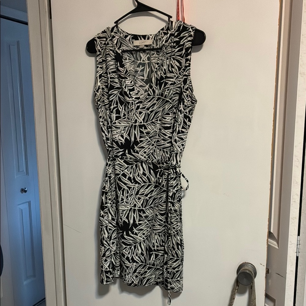 LOFT Black and White Leaf-Print Sleeveless Mini Wrap Dress